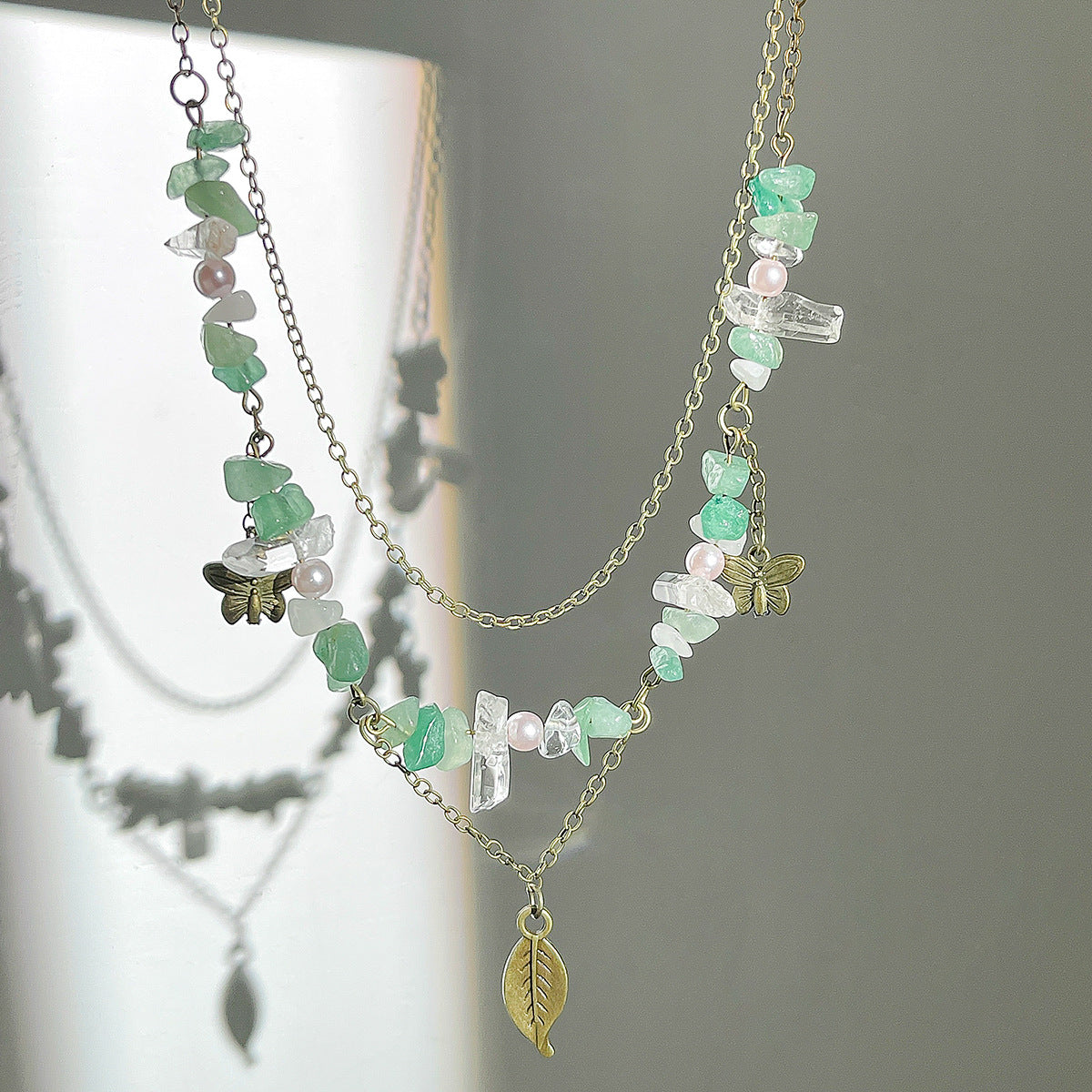 Retro moon zircon necklace • peppermint wave green leaf necklace series