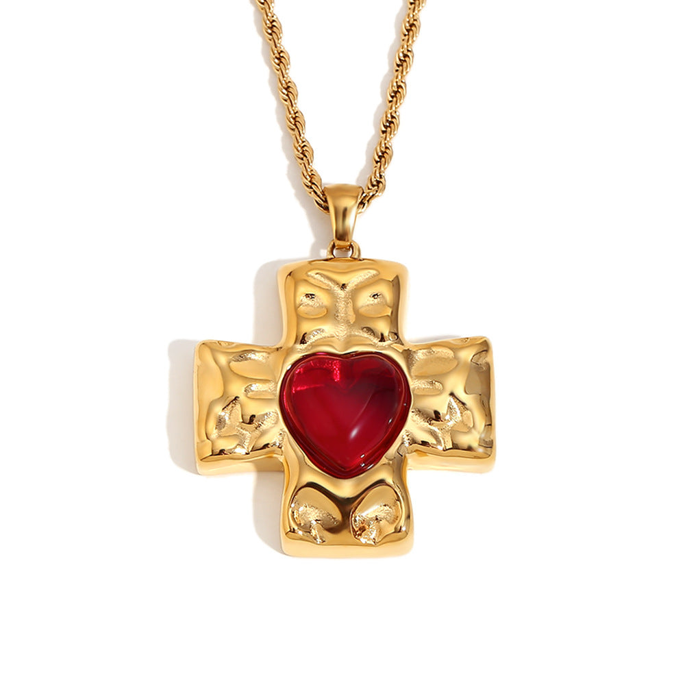 Hammered texture heart-shaped cross necklace