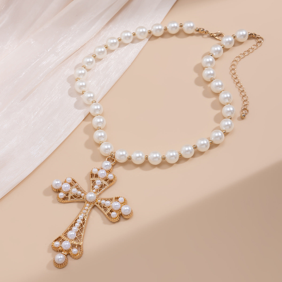 Radiant Pearl Golden Cross Necklace