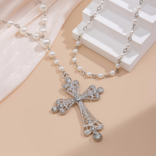 Radiant Pearl Golden Cross Necklace