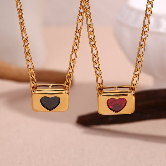 Double heart dream gold chain love necklace, stainless steel plated 18K small sugar heart-shaped zircon necklace