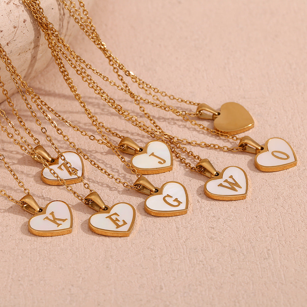 Shell Whispers letter love, stainless steel plated 18 karat gold heart shell 26 letter necklace