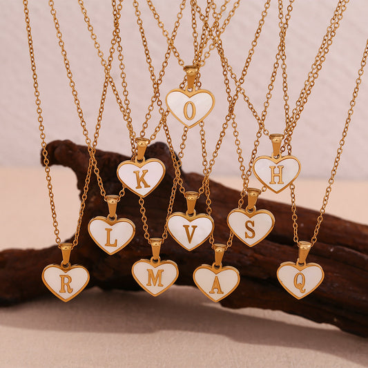 Shell Whispers letter love, stainless steel plated 18 karat gold heart shell 26 letter necklace