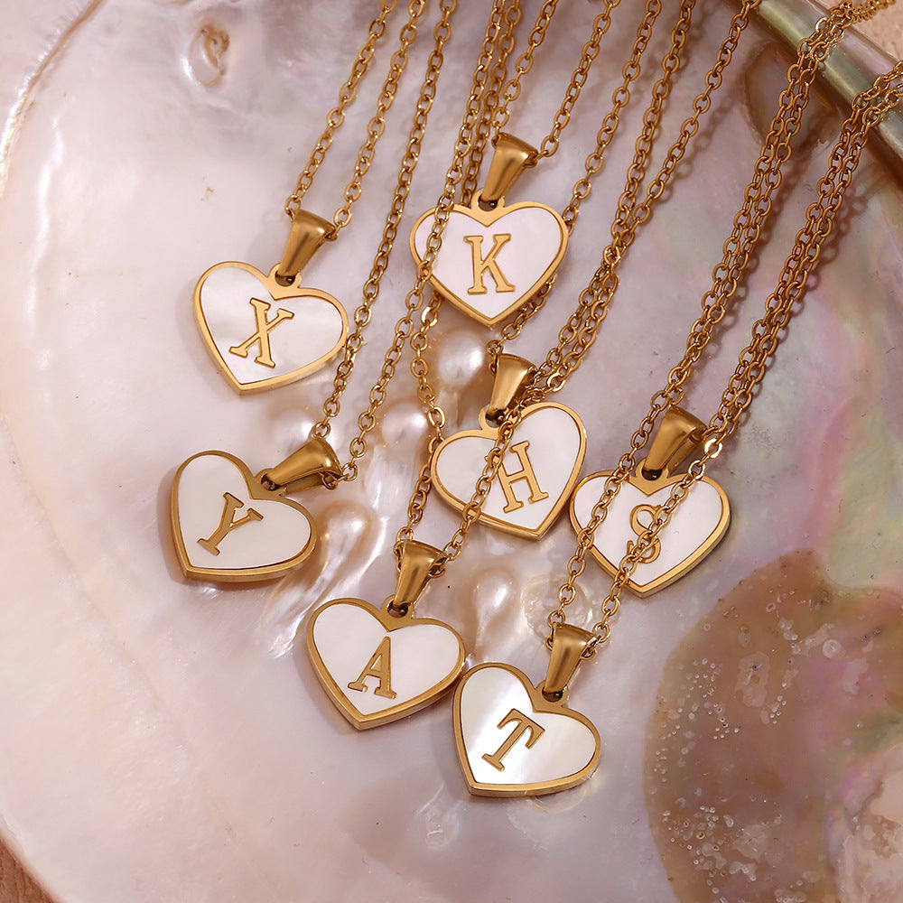 Shell Whispers letter love, stainless steel plated 18 karat gold heart shell 26 letter necklace