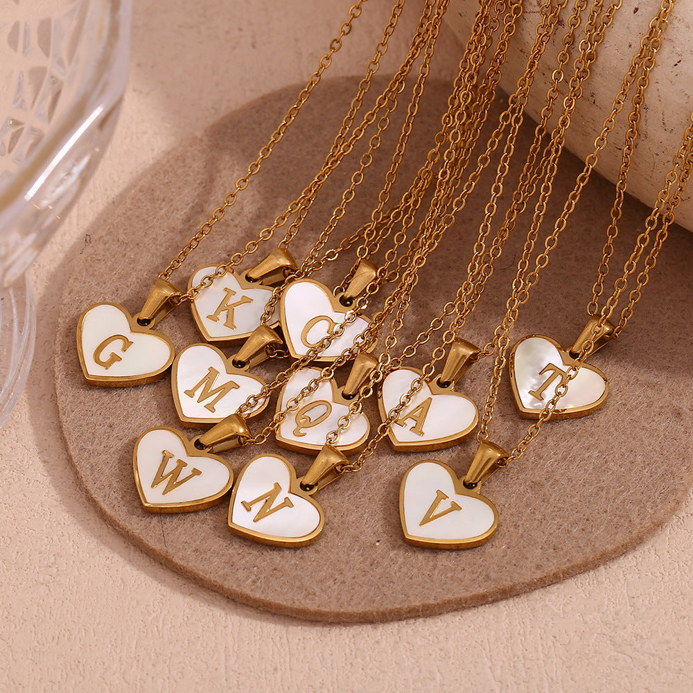 Shell Whispers letter love, stainless steel plated 18 karat gold heart shell 26 letter necklace