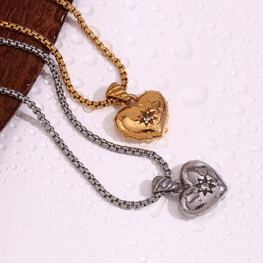 Vintage pendant stainless steel plated 18K gold, heart-shaped zircon necklace