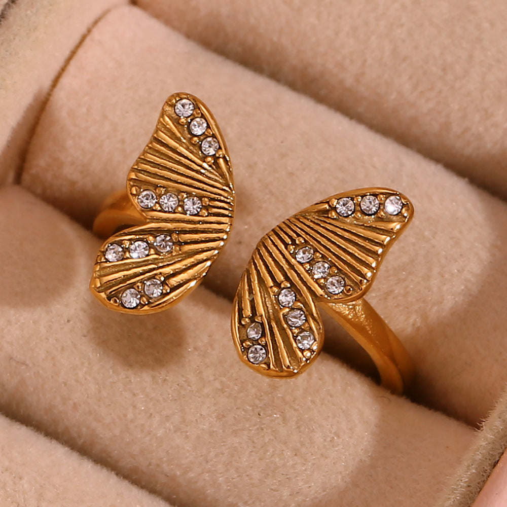 Butterfly dance gold diamond ring, stainless steel plated 18K gold zircon