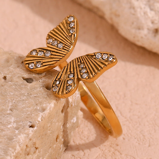 Butterfly dance gold diamond ring, stainless steel plated 18K gold zircon