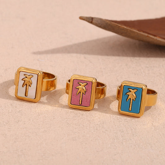 Stainless steel plated 18K gold, summer color fritillaria coconut tree square brand ring