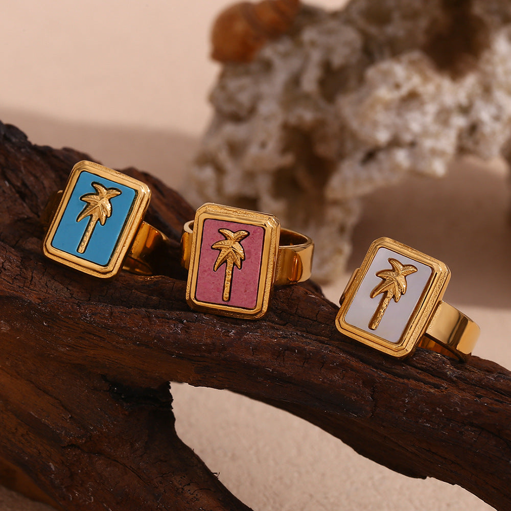 Stainless steel plated 18K gold, summer color fritillaria coconut tree square brand ring