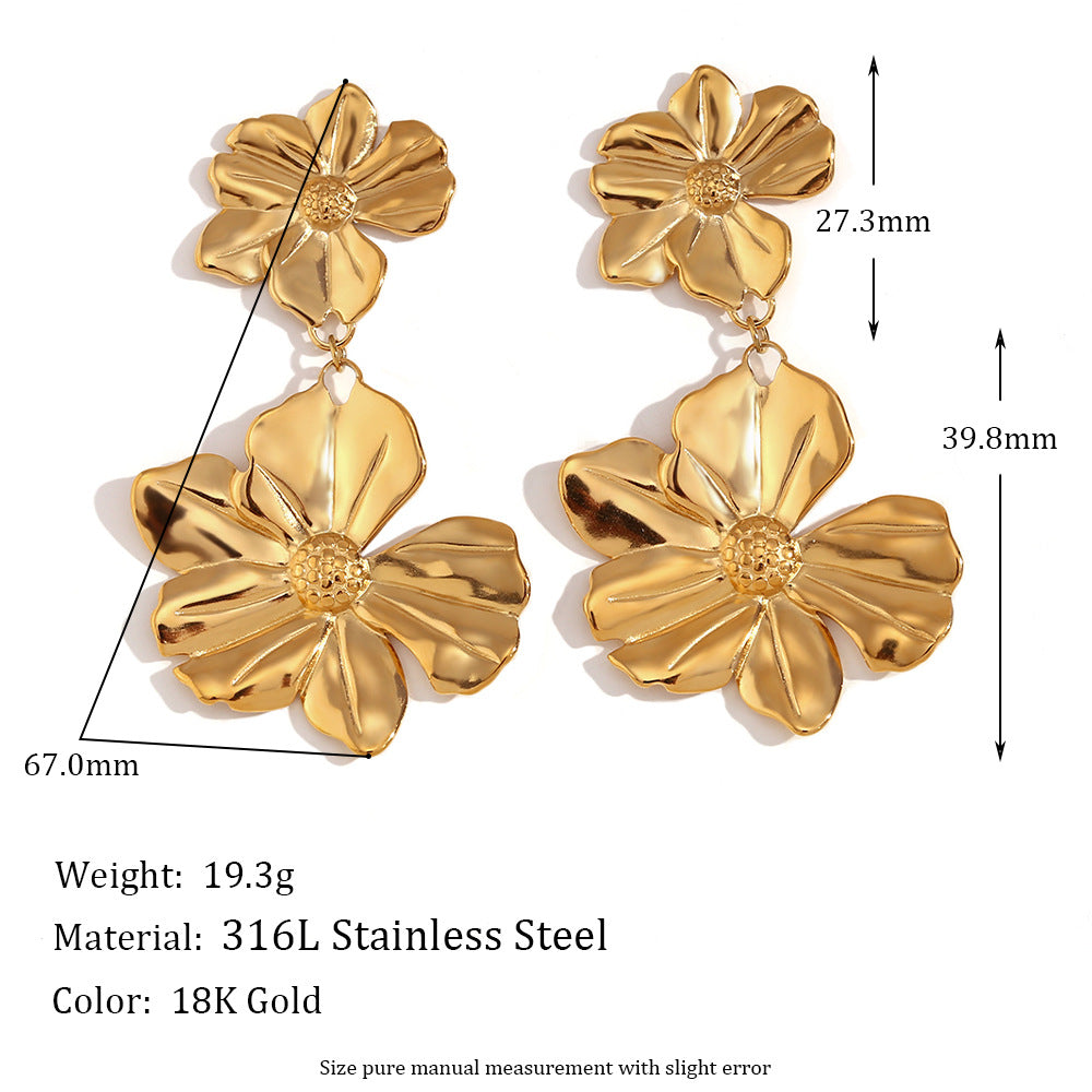 Bright flower · Chain moving youth, stainless steel plated 18K gold two flower stitching earrings