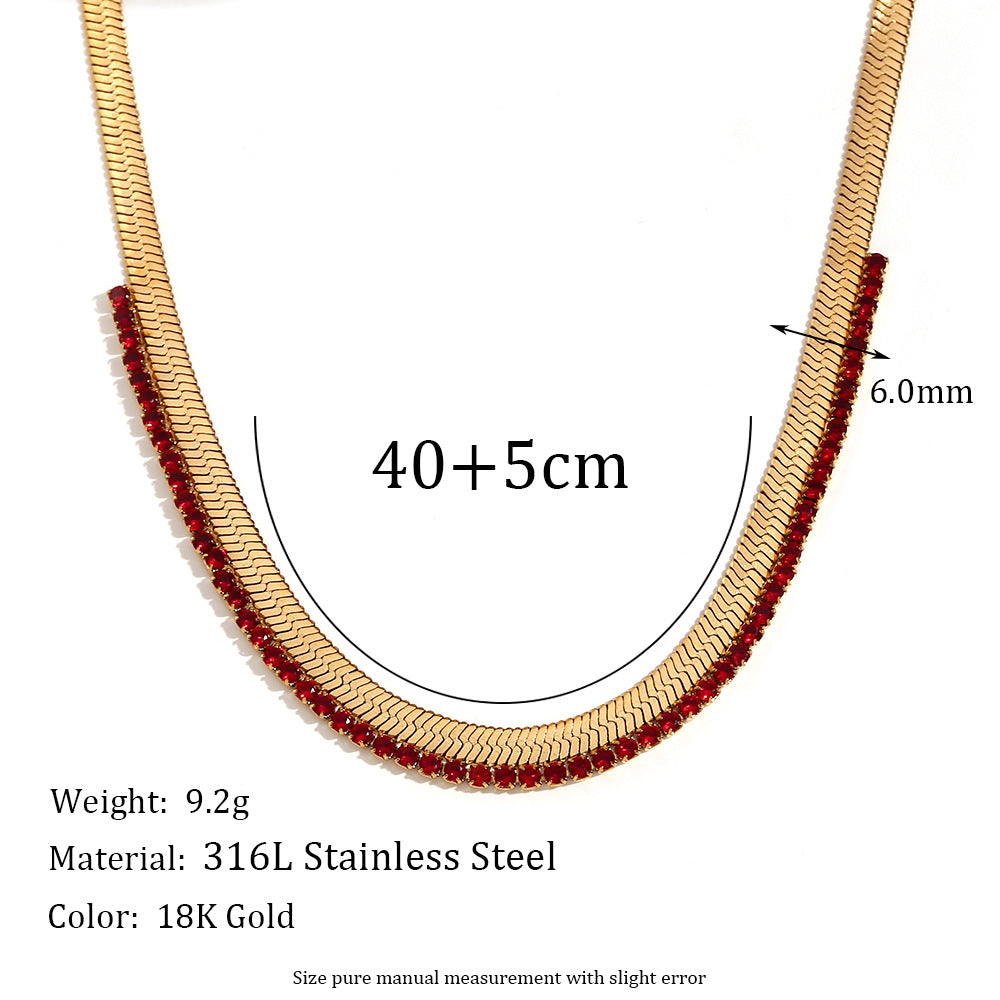 Fashion necklace titanium steel plated 18K gold, color zircon fishbone splice necklace