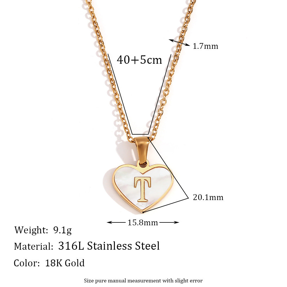 Shell Whispers letter love, stainless steel plated 18 karat gold heart shell 26 letter necklace