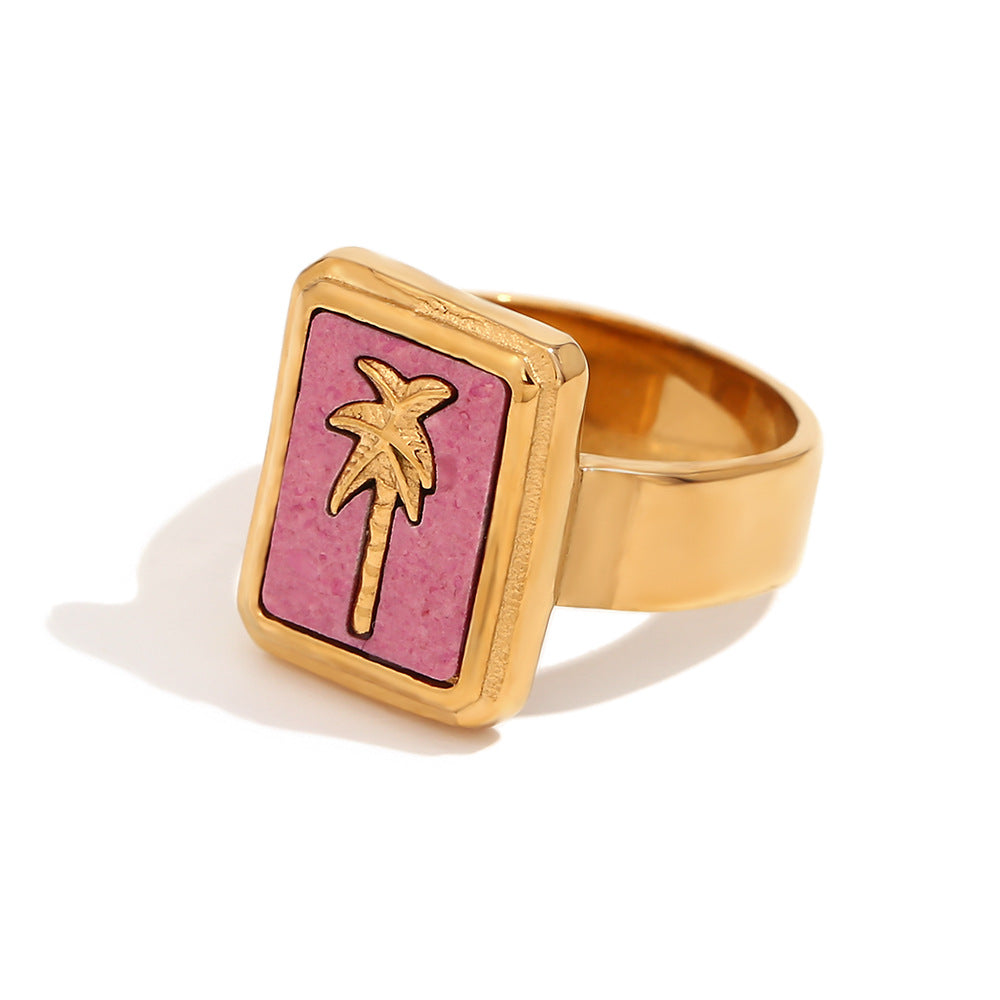 Stainless steel plated 18K gold, summer color fritillaria coconut tree square brand ring