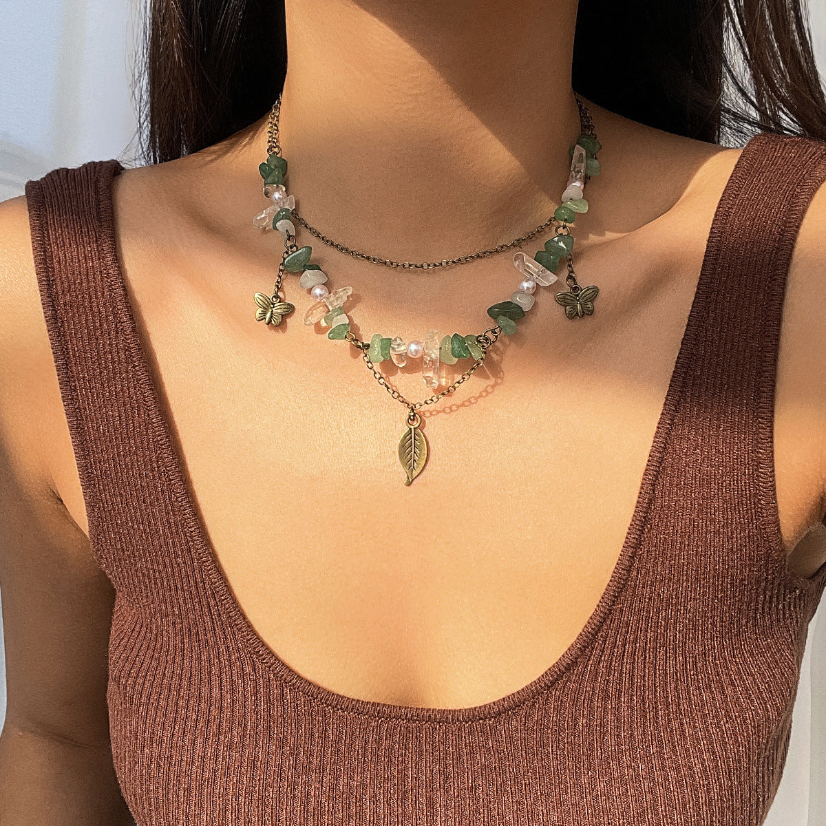 Retro moon zircon necklace • peppermint wave green leaf necklace series