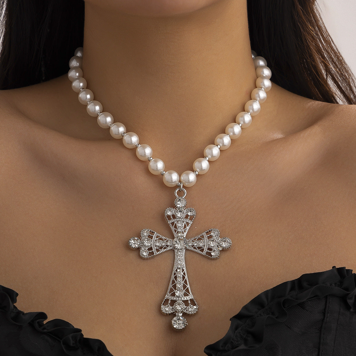 Radiant Pearl Golden Cross Necklace