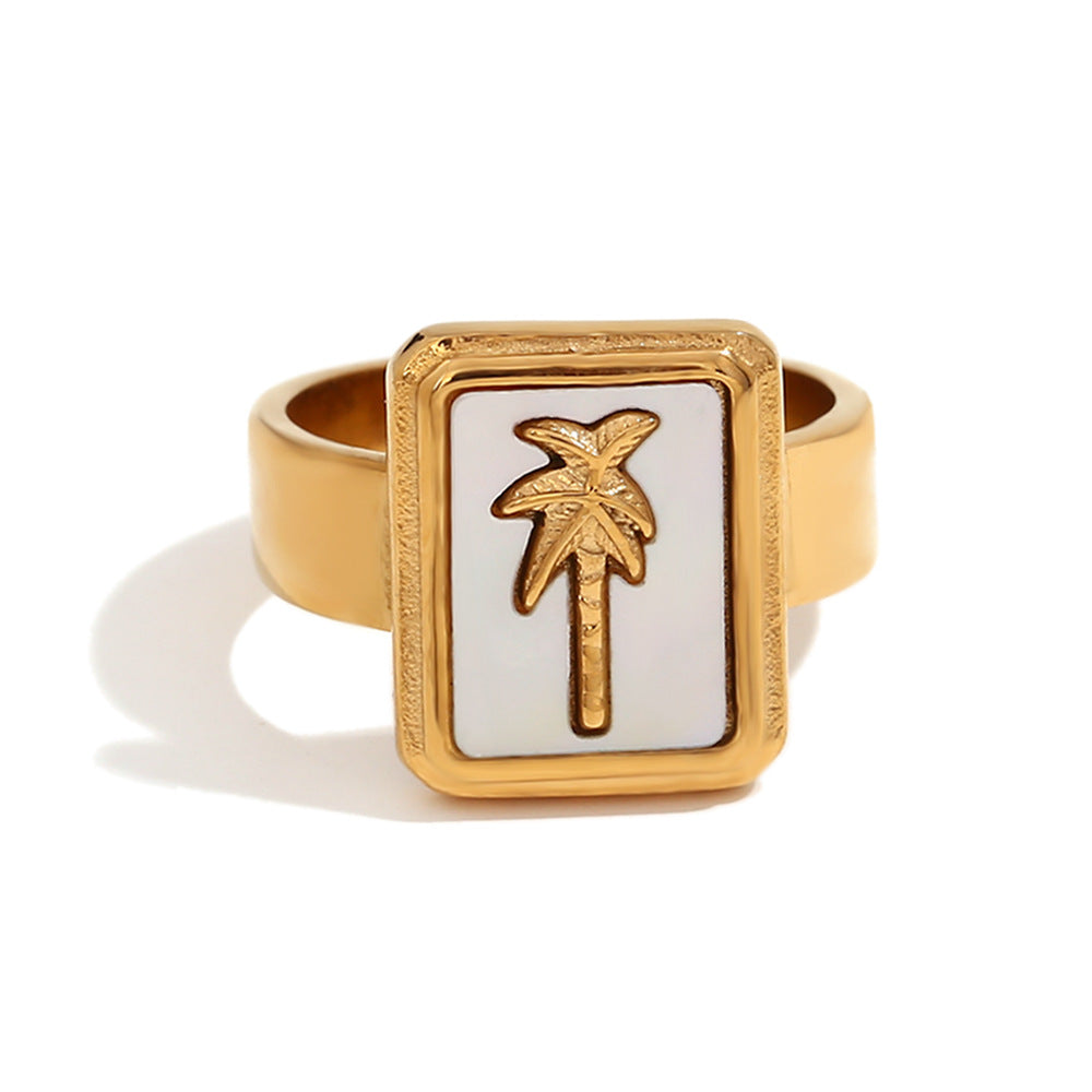 Stainless steel plated 18K gold, summer color fritillaria coconut tree square brand ring